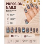 Luxury Grey‑Blue Heart Rhinestone Long Trapezoid Press‑On Nails, Elegant False Nails with Rhinestones & Pearls for Party
